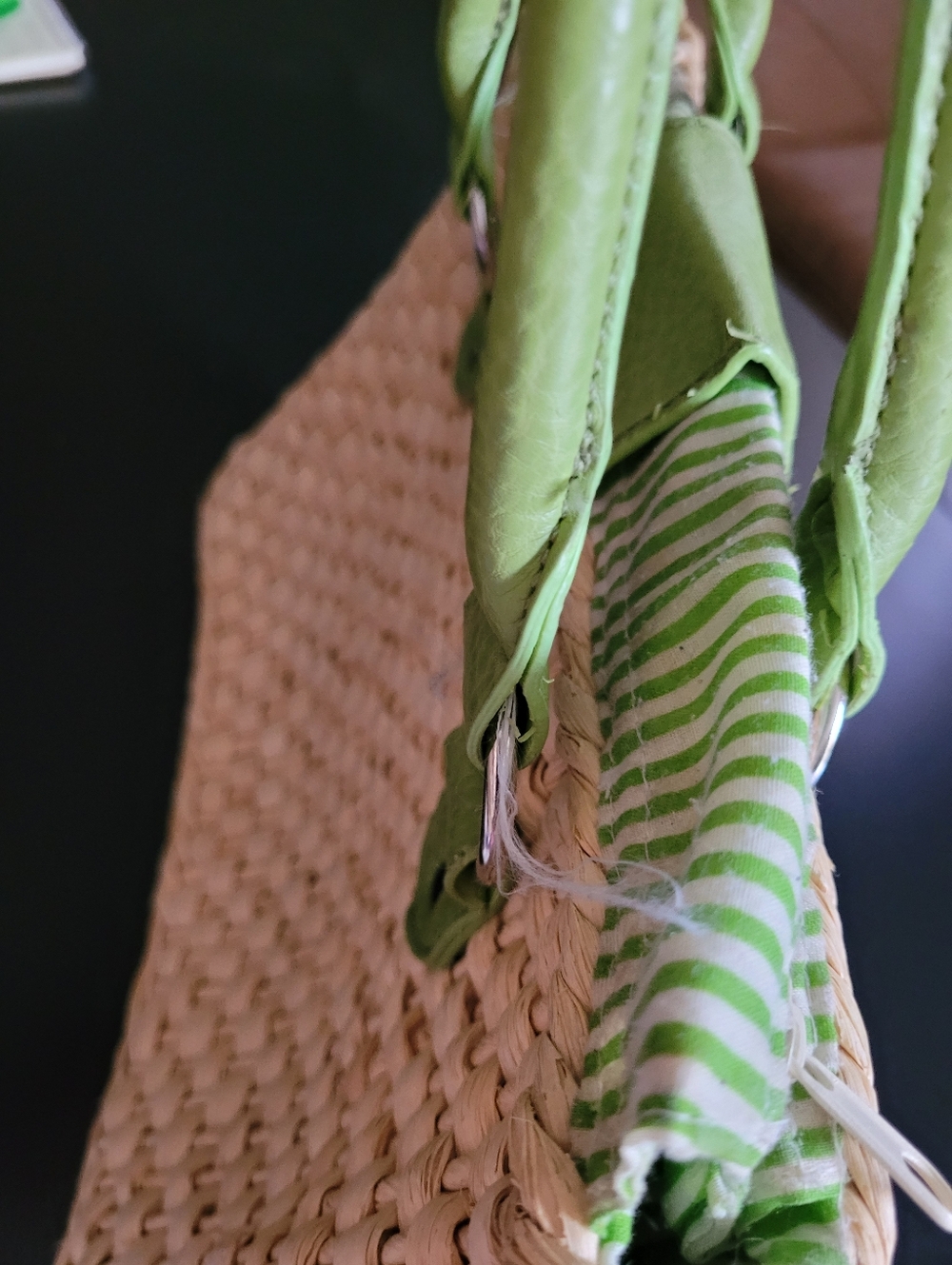 Green Trim Woven Straw Tote Bag - Picture 10 of 14